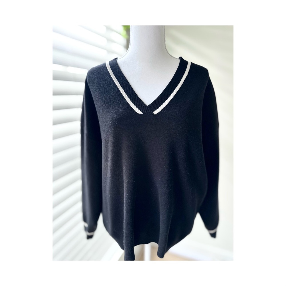 Mango Black V-Neck Sweater with White Trim